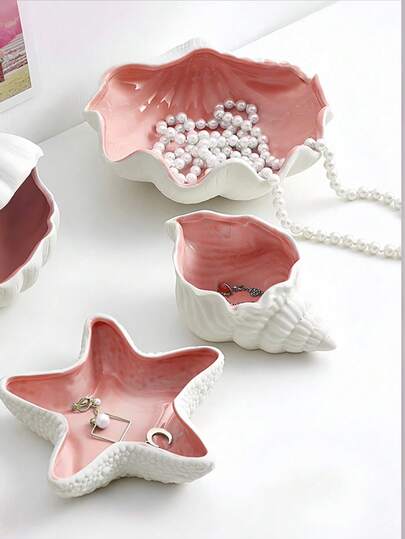 1pc Decorative Ceramic Jewelry Tray, Seashell, Starfish Shaped Trinket Dish, Ceramic Ring Earring Holder, Ocean Theme Decor Dish For Rings, Earrings, Necklaces, Bracelets, Watches, Keys, Bathroom, Bedroom, Office Accessories, Home Decor