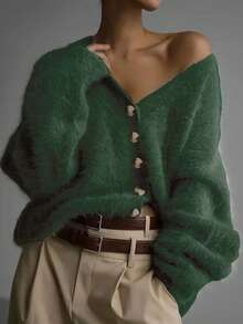 Elegant Lady's Casual Chic European Style Versatile Knitted Cardigan, Comfortable Long Sleeve Plus Size Sweater For Mature & Young Women