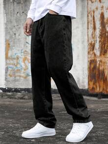 Men's Relaxed Fit Light Blue Straight Leg Jeans, Vintage Y2K Style, Simple & Versatile - Black - View 2