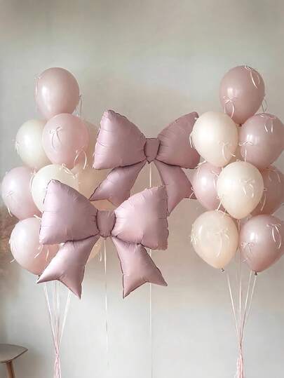 30pcs Dusty White And Pink White Bow Balloon Set, With Bow Foil Balloon, With White Ribbon And Glue, Essential Decoration Props For Holiday Parties, Suitable For Birthday Parties, Anniversaries, Wedding Scene Decoration, Valentine's Day Gifts, Mother's Day Gifts