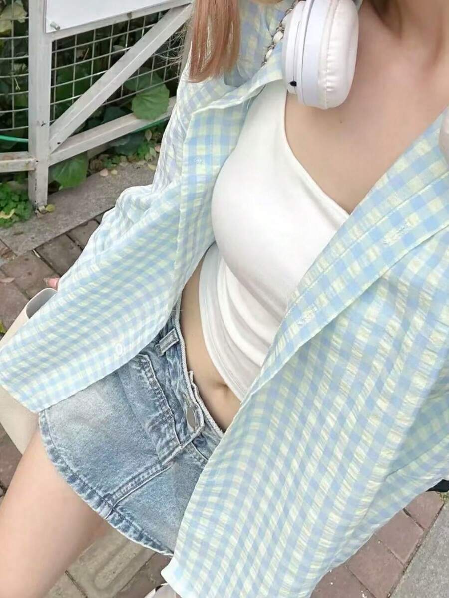 YUXIN Women's Loose Plaid Shirt, Collared Button-Up, Single Side Pocket, Multi-Color Options, Suitable For Commute And Casual Wear, All Season