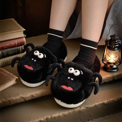 XIXITIAO 1 双趣味蜘蛛图案一脚蹬拖鞋，温暖毛绒衬里，防滑软底，适合情侣、万圣节、冬季室内家居穿着