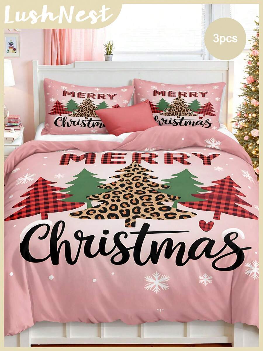 3pcs Leopard Print Christmas Decoration Digital Print Duvet Set Set (1 Piece Duvet Cover 2 Pieces Pillowcase Without Core) Polyester Fiber Super Soft Skin-Friendly Bedding Set Christmas Decorations Suitable For Various Bed Sizes Ideal For Gifting - Multicolor - View 1