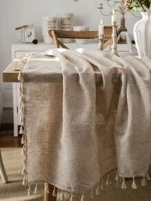 1pc Plain Linen Tablecloth With Tassels, Rustic Farmhouse Style, Versatile For Kitchen, Coffee Table, TV Stand, Suitable For Daily Use, Holidays, Family Gatherings, Birthday Parties, Weddings, Dinner Parties, All Seasons