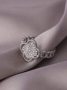 1pc Stainless Steel Fully Paved Clover Ring, Minimalist Cubic Zirconia Finger Ring, Everyday Wear - Full Diamond Four-leaf Clover Ring - View 9