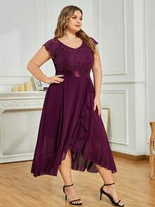 Plus Elegant V Neck Lace Contrast Ruffle Split Hem Chiffon Evening Party Long Dress, Homecoming Dress, Wedding Guest Dress, For Birthday, Graduation