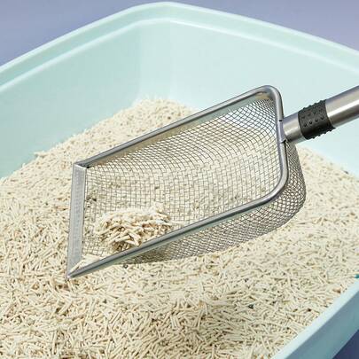 PETSIN 猫砂铲不锈钢网铲长柄深铲不粘涂层金属猫砂铲适用于猫砂盆小猫粪便提升器