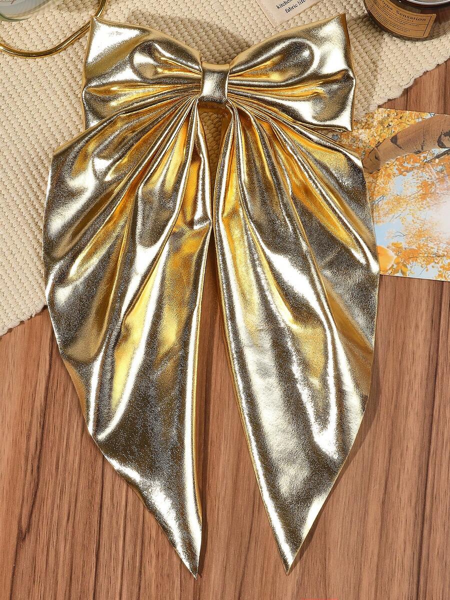 1个优雅金色超大双蝴蝶结丝带马尾夹，适合茶会、舞会、秋季时尚、金色头饰、法式发夹、发爪、发夹、发卡、发夹、蝴蝶结、可爱、发饰、女士发饰、发卡、夏季、假日、旅行 - 金色 - 查看 1