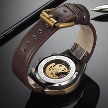 1pc 50M Waterproof Vintage Copper Mechanical Watch Brown Leather Strap Hollow Gear Skeleton Transparent Flying Tourbillon Power Storage Visible On The Back Cover For Real Automatic Mechanical Watch Men's Birthday Gift Husband Father's Day Wedding Souvenir Precise Timekeeping