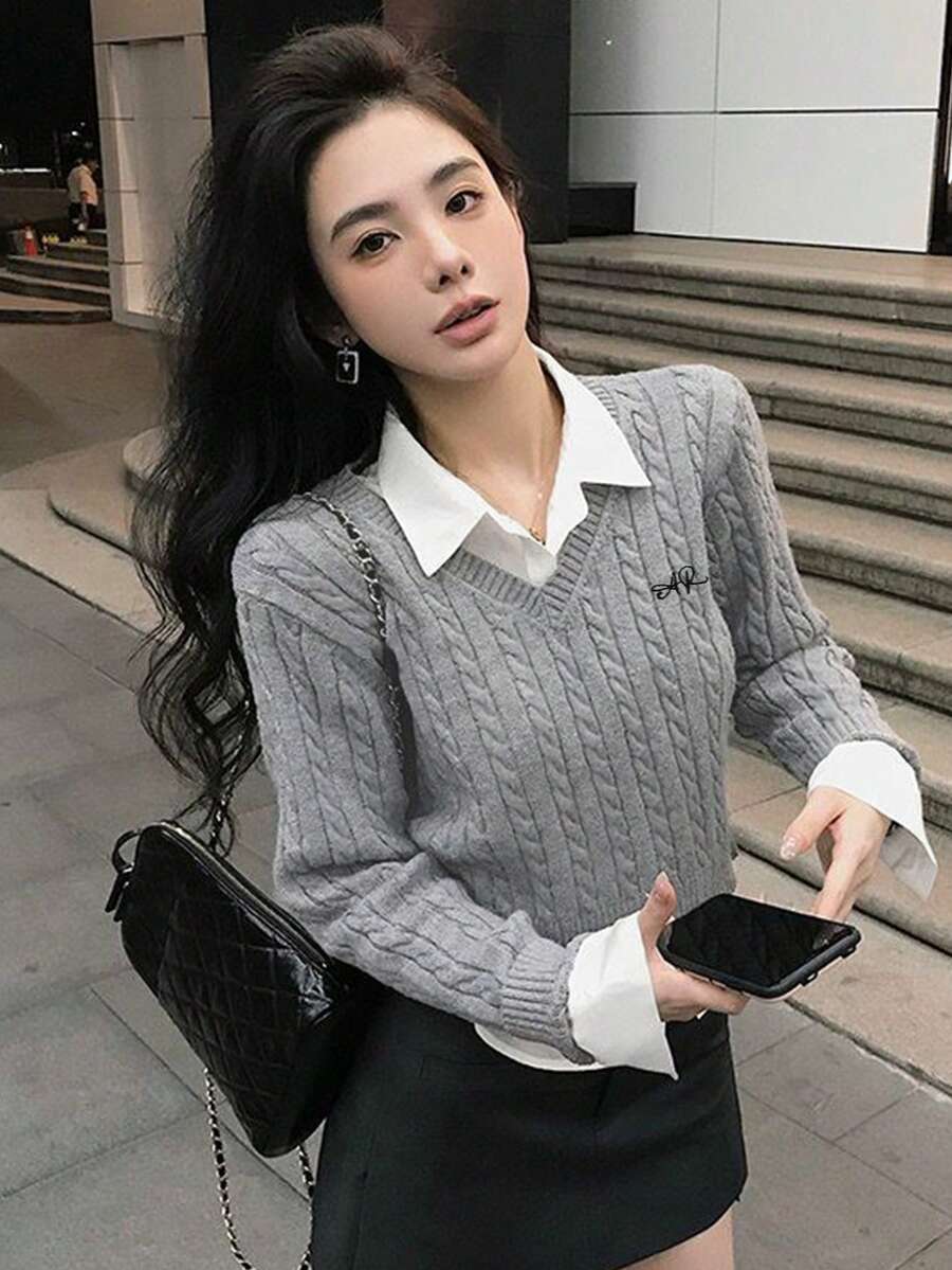 学院风衬衫领设计女式毛衣上衣，新品上市，青春百搭 - 灰色 - 查看 1