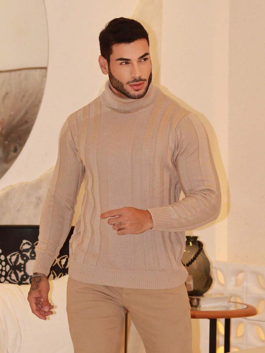 Men's Knitted Sweater, Cacharrel, High Neck, Long Sleeve, Plain, Chic, Ribbed - Màu be - Xem 1