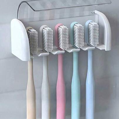 1 pieza Soporte de pared para cepillo de dientes con tapa, organizador de cepillo de dientes eléctrico, estante para pasta de dientes, soporte para 2/5/6 cepillos de dientes autoadhesivo, accesorios de almacenamiento para el baño (blanco), decoración del baño del hogar para la temporada de regreso a clases