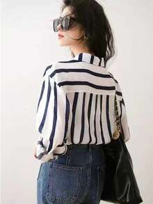 Striped Pocket Shirt, Retro Versatile Vertical Striped Shirt, New Autumn Long Sleeve Top, Versatile Casual Shirt - Navy Blue - View 6