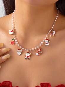 1 件圣诞老人、雪人、驯鹿和珍珠吊坠项链，适合女性在圣诞节派对上佩戴 - 彩色 - 查看 2