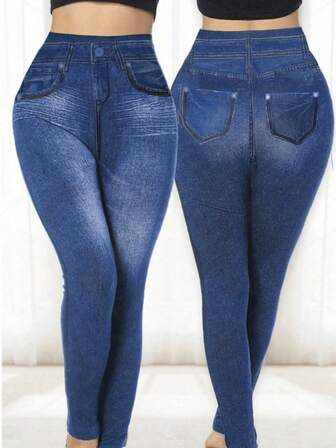 1pc Women Tights Seamless High Elastic Denim Print Tight Gym Running Slim High Waist Casual Trousers Streetwear Tights, Suitable For Everyday Use, Cozy