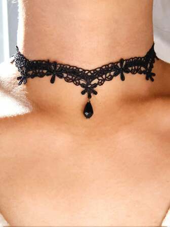 1件/2件 Y2K 白色蕾丝维多利亚风格项链，适合派对佩戴，精致浪漫的哥特式蕾丝项圈，饰有垂坠水晶，花卉天鹅绒材质，仙女风洛丽塔时尚配饰，送给她的礼物