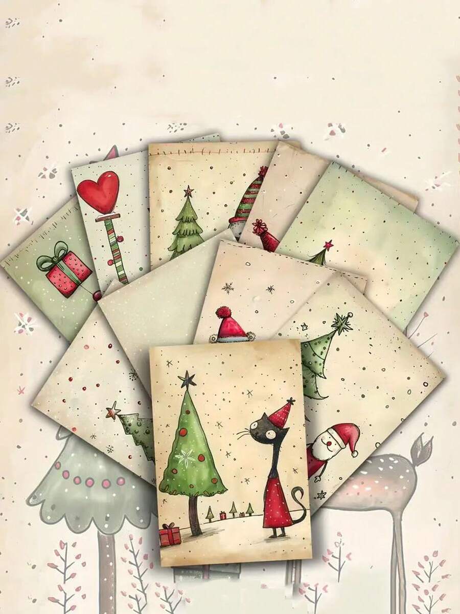20 Stücke Vintage Weihnachten süße Tier Weihnachtsbaum Postkarten - 4*6 Zoll Vintage Junk Journal Papier Klassische Pin-Up Mädchen Einsätze - Sammlerstück dekorative Postkarten - geeignet für Scrapbooking und Basteln