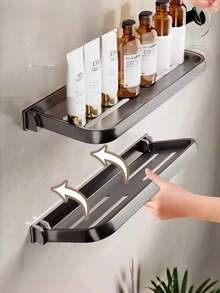 1pc Aluminum Alloy Bathroom Storage Rack, Foldable, Rust-Proof And Punch-Free Shower Rack, Space-Saving Bathroom Organizer, Toilet Organizer Storage Rack, Sink Cosmetic Storage Rack, Kitchen Storage Rack, Wall-Mounted Tissue Box, Suitable For Bathroom, Sink, Kitchen, Bathroom Accessories