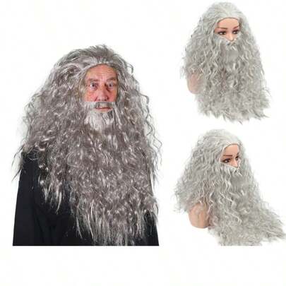 Parrucca e barba da Gandalf per cosplay di Ognissanti o Natale, parrucca da uomo riccio in seta resistente alle alte temperature, colore grigio