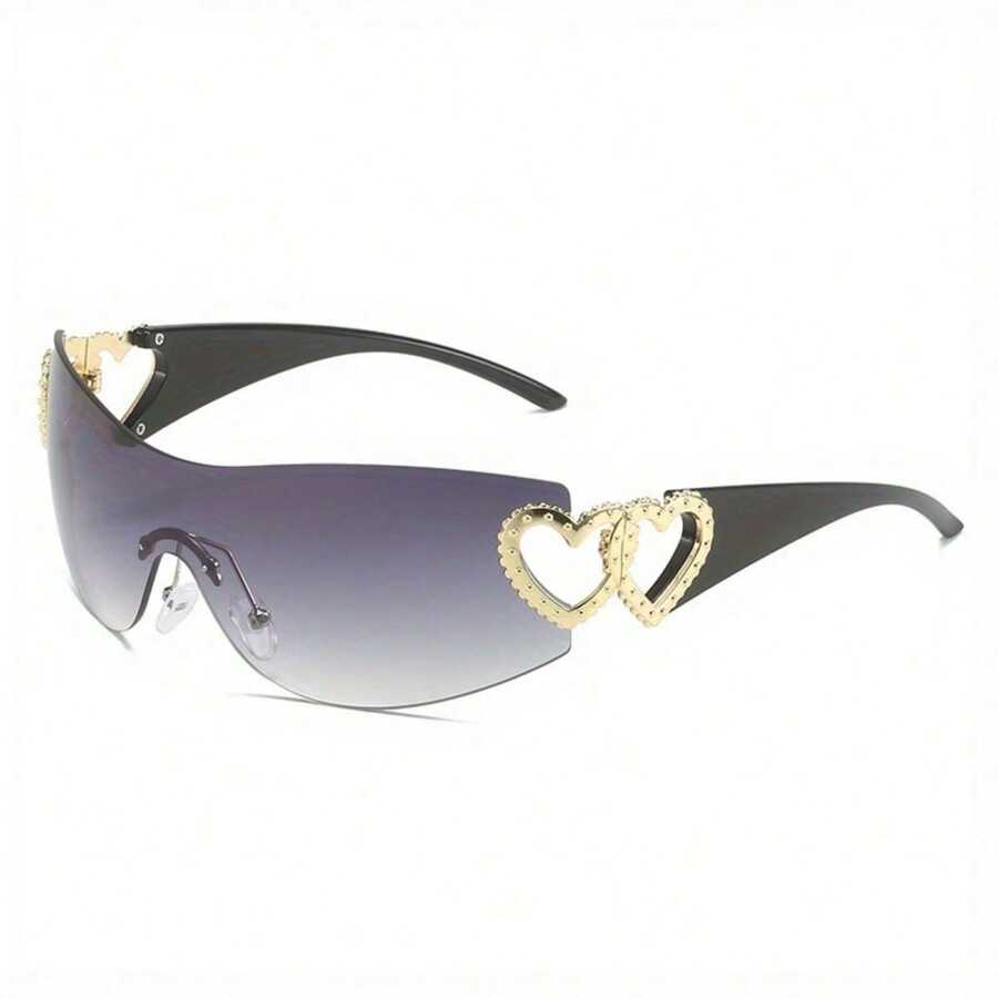 1 Pcs/Set Y2K Cutout Frameless Heart-Shaped Sunglasses, Multiple Colors Available Perfect For Daily Dates, Commuting, Street Style Outfits, Or As A Gift. Includes A Glasses Case. - Chân đen đôi mảnh màu xám - Xem 1