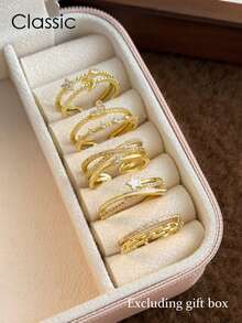 5pcs Elegant Luxury Floral, Leaf, Geometric Copper Micro-Inlaid Synthetic Zirconia Rings Set, Suitable For Vacation, Party, Wedding, Daily Wear