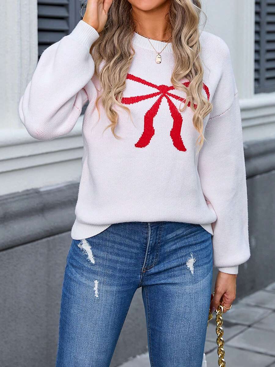 Mommy And Me Matching Outfits Bow Pattern Long Sleeve Round Neck Knitwear Fall Winter Sweaters - White - View 1