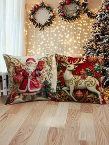 4 piezas Fundas de cojín con estampado 2D de árbol de Navidad, Papá Noel y renos de muñeco de nieve, decoración festiva para sofá, cama, coche, sala de estar y hogar, adecuado para decoración de granja, fiesta de invierno, regalos de Navidad (no incluye relleno)