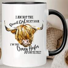 [Reusable Ceramic Coffee Mug] Reusable Ceramic Coffee Mug 1pc 11oz With Highland Cow Design - "I Am Not The Sweet Girl Next Door, I'm The Crazy Heifer Down The Street" - Hand Wash Only, Multipurpose, No Electricity Needed - Perfect Christmas Gift For Men And Women - DOOR - View 6