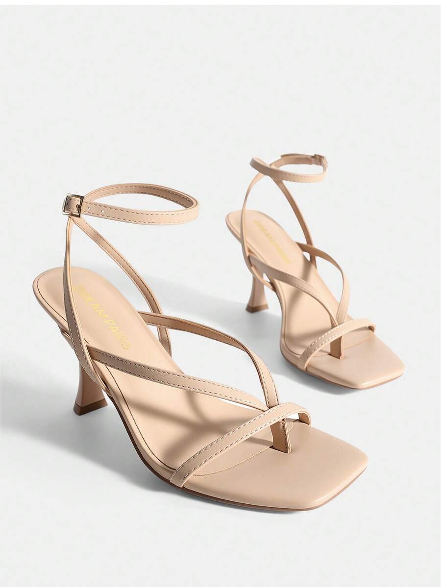 Women Kitten Heel Thong Sandals, Fashion Square Toe Ankle Strap High Heeled Sandals For Wedding Party Casual Wearing - khỏa thân - Xem 1