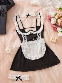4pcs Maid Costume Set, Black & White Color, Bow Decor, Ruffle Hem, Slit Design, Revealing, Babydoll, Sexy Lingerie Set - Black and White - View 5