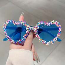 1 Pair Of Women's Frameless Heart-Shaped Glasses With Multi-Color Lenses, Fashionable Color Strips, Decorative Accessories, Cute Pink Glasses - 粉色 - 查看 2