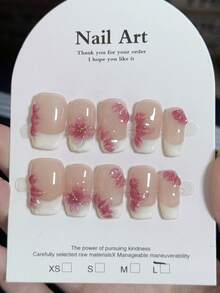 10 片裸肤法式女孩 3D 粉色花卉设计贴片指甲，手工制作全覆盖法式方形中长款，立体手绘花朵雕刻设计，明亮有光泽，粉色和白色，鸭嘴形高端简约度假风格立体雕刻优雅美甲 - 彩色 - 查看 2