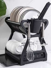 1 Stück schwarzer mehrstöckiger Kunststoff-Geschirrständer mit Abtropfbrett - platzsparende, multifunktionale Aufbewahrung für Küchenutensilien und Geschirr, erhöhtes Regaldesign, Weihnachten