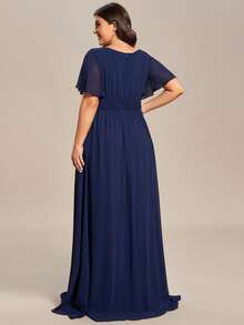 EVERPRETTY Plus Size Elegant Chiffon Ruffle Sleeve Round Neck Blue Formal Dress, Suitable For Special Occasions, Wedding Guest Attire, Mother Of The Bride - Navy Blue - View 3