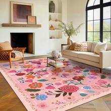 Bcareself Washable Hot Pink Area Rug Hot Pink Boho Large Living Room Rug Floral Non-Slip Soft Oriental Vintage Color Bedroom Carpet Dining Room Nursery Home Office Indoor Decor - 玫紅色 - 查看 8