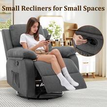 KORSER Recliner Chair, 360 Swivel Rocker Chair For Adults, Small Rocking Recliner Chair For Small Spaces, Upholstered Fabric Glider Recliner Nursery Chair With Side Pockets For Living Room, Nursery,Multiple Colors - 灰色 - 查看 7
