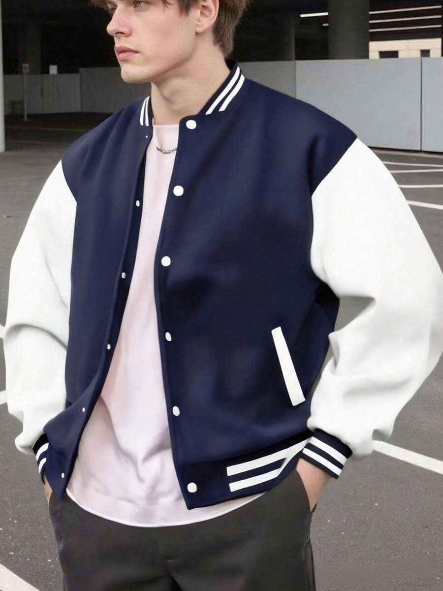 Men's Loose Fit Baseball Jacket, Casual Color Block Design, Suitable For Outdoor Sports, Versatile Outerwear, Medium Thickness, Suitable For Autumn Wear - Navy Blue - View 1