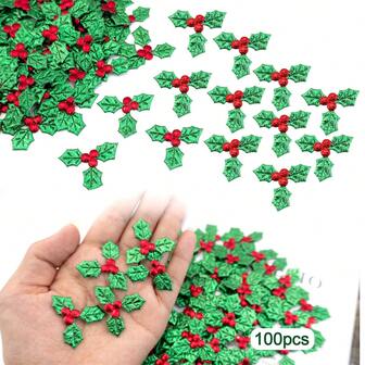 100 st mini trippelbladiga järnekbär, julsimuleringar av järnekbär, konstgjorda järnekblad för julkranskort, presentetiketter, bordsdekorationer, heminredning, juldekorationer, rumsdekoration, vinter