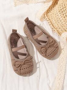 1 par de zapatos planos de unicolor para niños, diseño calado con decoración de lazo, punta redonda, estilo slip-on con , suave y cómodo, estilo minimalista, adecuado para todas las estaciones, para uso interior y exterior, escuela