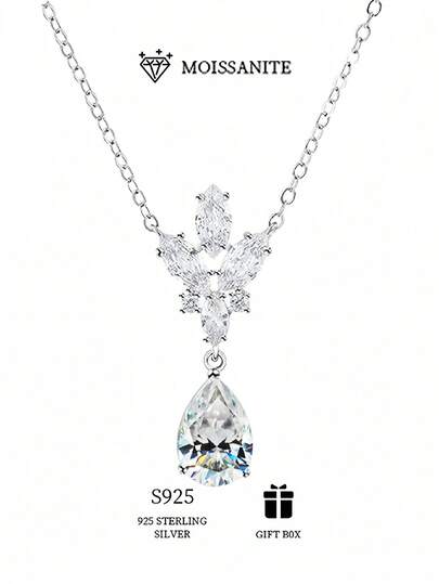 قلادة فضة عيار 925 بشكل قطرة ماسية موسانيت درجة VVS فاخرة وجذابة بشكل زهرة الكمثرى للنساء، قلادة عالية الجودة، مناسبة للارتداء في حفلات الزفاف والمناسبات، هدية مفضلة في علبة هدايا