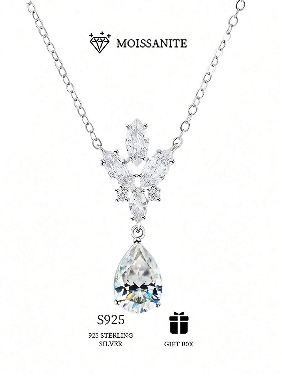 قلادة فضة عيار 925 بشكل قطرة ماسية موسانيت درجة VVS فاخرة وجذابة بشكل زهرة الكمثرى للنساء، قلادة عالية الجودة، مناسبة للارتداء في حفلات الزفاف والمناسبات، هدية مفضلة في علبة هدايا
