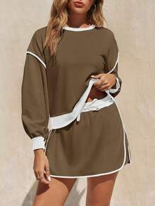 Fisoew Women's 2 Piece Sweatsuit Set - Comfortable Crewneck Sweatshirt & High Waisted Skort Skirt | Tennis Core Aesthetic, Y2K Tracksuit, Gym To Street Fashion, Oversized Lounge Set, Matching Workout Outfits - 淺棕色 - 查看 2