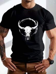 Plus Size Men's Summer T-Shirt, Western Bull Skull Art Graphic Print Short Sleeve Tees  Casual Tops For Daily Life, Big & Tall Guys - 黑色 - 查看 10