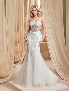 Mermaid Style Spaghetti Straps Sexy Evening Dress Sweetheart See Through Beaded Modern Wedding Dress - trắng - Xem 6