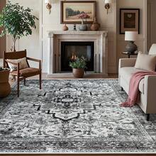 1pc Boho Style Grey Area Rug, Vintage Area Rug, Machine Washable Rug, Vintage Inspired Rug, Foldable Anti Slip Retro Abstract Carpet, Ultra Soft Area Carpet, Living Room And Bedroom Anti Fouling Carpet Christmas Decor Kitchen Rug - Multicolor - View 2