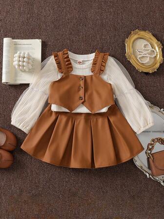 三件套时尚优雅韩版保暖少女套装：网纱拼接上衣+棕色PU背心+棕色PU半身裙