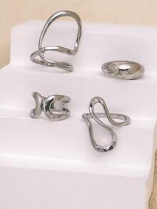 Bộ 4 nhẫn hở hình tròn cổ điển & nhẫn lỏng bất đối xứng, trang sức thời trang dành cho nữ, thích hợp cho ngày lễ, tiệc tùng và đeo hàng ngày - Bạc - Xem 4