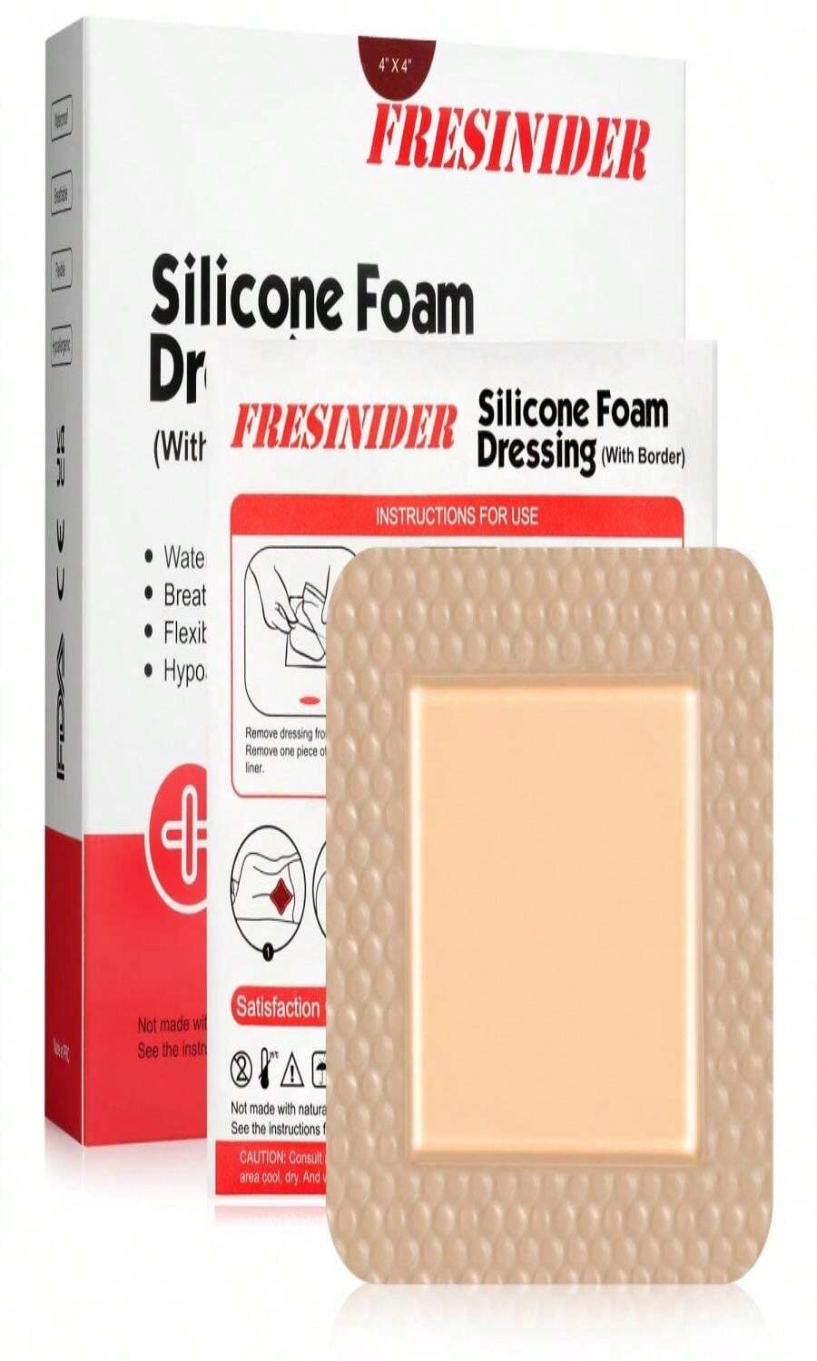 FRESINIDER Silicone Foam Dressing With Adhesive Border – Wound Dressing Bandage – Silicone Foam Pad – Pack Of 10 – 4 X 4 Inches Large Waterproof Bandages – Self Adhesive Wound Care And Dressings - ColorE - 查看 1
