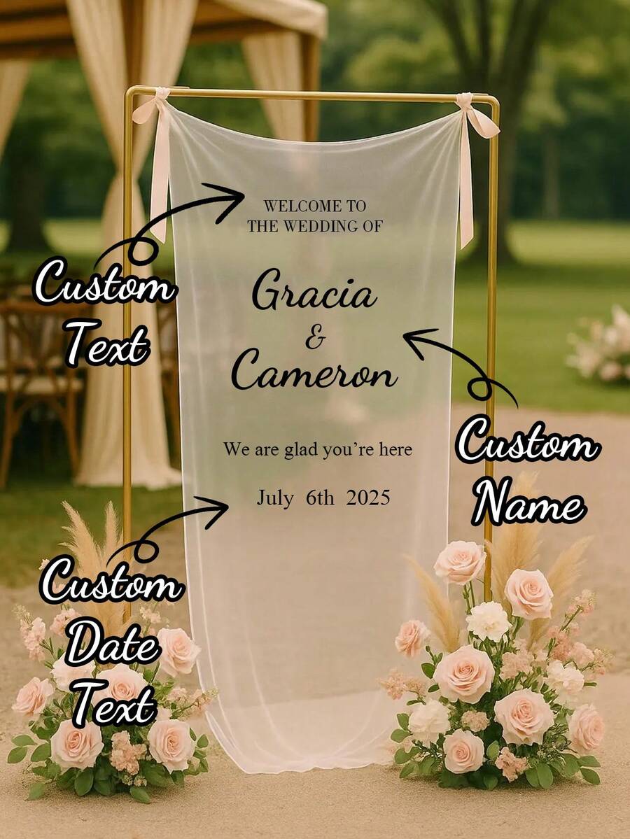 1pc Personalized Christening Decoration Sign, Transparent Wedding Welcome Board, Customized Christening Transparent Banner, Christening Decoration, Customized Wedding, Birthday Welcome Cloth, Party Banner Cloth, Modern Christening Flag, Personalized Transparent Cloth Banner, Wedding Decoration, Customized Wedding Welcome Cloth, Wedding Banner Cloth, Customizable Text, Name, Date - Multicolor - View 1