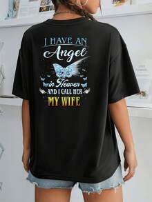 Wife Angel Heaven Graphic Tee , Women's Double Sided Printed Fashion Casual Round Neck 220gsm Cotton T-Shirt (1 PC)